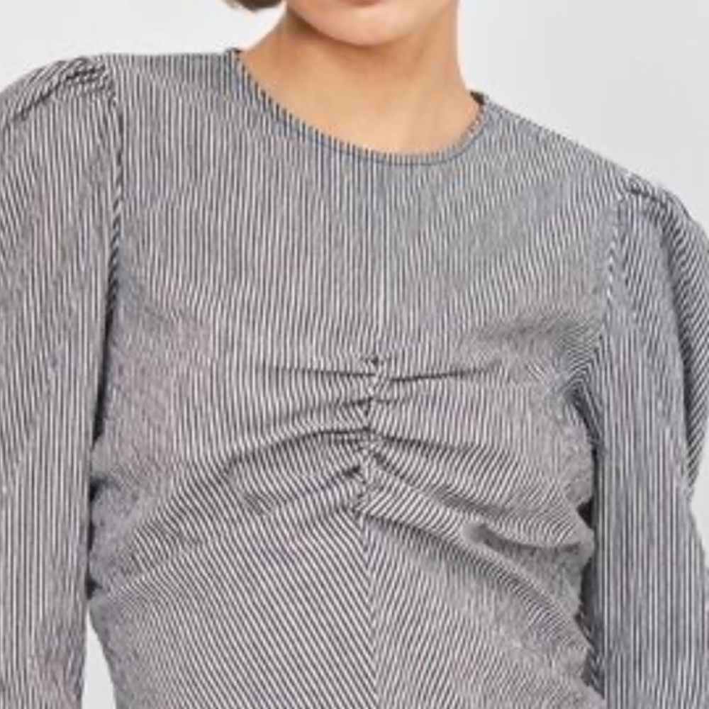 ZARA Black & White Mini Stripe Ruched Front Long Puff Sleeve Top XL NWOT